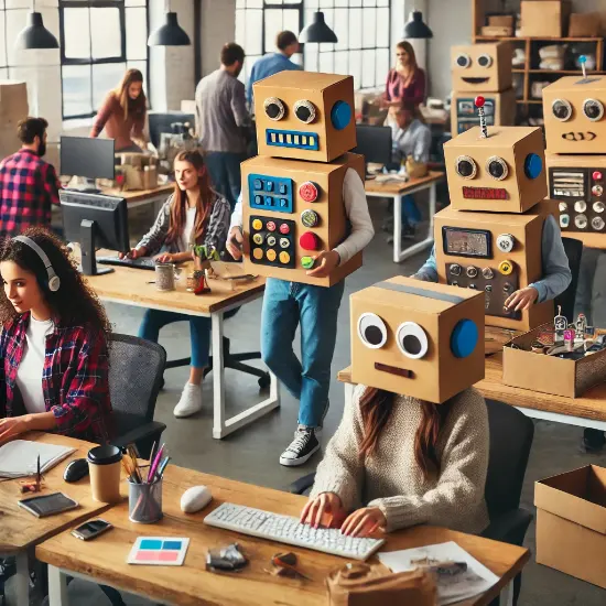 An AI-generated image of an office with office workers at work. Some workers are wearing homemade robot costumes made from cardboard boxes.